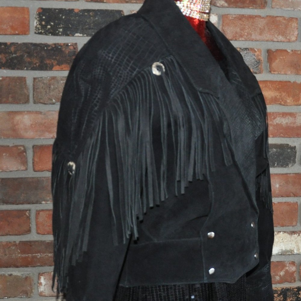Vintage 80s Black Western Suede Leather With Fringe Jacket M - Picture 2 of 11